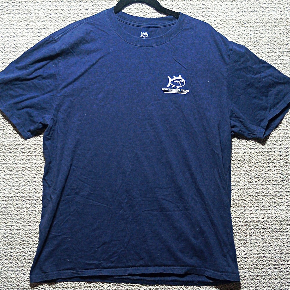 B12-Southern Tide Men's XL Navy Cotton Knit Crew Neck Graphic Logo Fish T-Shirt